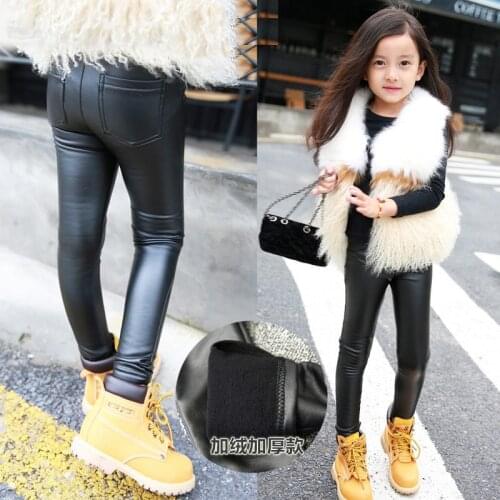 Autumn Winter Girls Leggings Faux Leather Kids Pants Thick Plus Velvet Warm 2018 Fashion Children Pu Trousers 3 4 5 6 7 8 Years