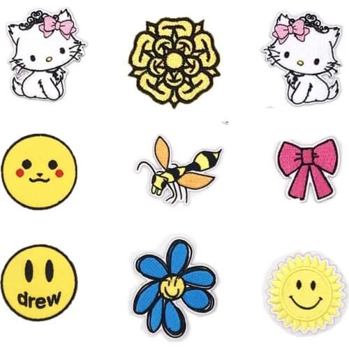 Cute drew smile face rosette dragonfly flower Embroidered Patches for Clothes jeans shoes