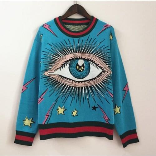 Fashion Big Eyes Pattern Knitted Sweater For Women Vintage Blue Loose Knitting Pullovers Streetwear Женский свитер