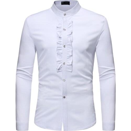 Mens Hipster Ruffle Mandarin Collar Dress Shirts Slim Fit Long Slevee Tuxedo Shirt Men Dinner Wedding Married Groom Shirt Male