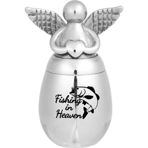 Men’s Custom Engraved Stainless Steel Cremation Jewelry Heart Angel Urn for Ashes Pendant Fishing in Heaven Memorial Jewelry
