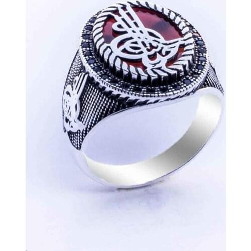 Ottoman Monogram Agate Stone Men 'S Silver Ring
