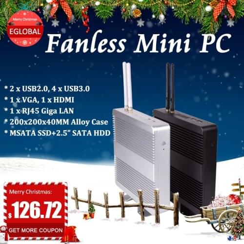 Cheap Fanless HTPC Intel core i3/ i5/ i7/celeron mini pc desktop Windows 10 computer 12V VESA MOUNT