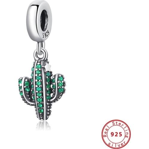 New Original 925 Sterling Silver Beads Nature Cactus Dangle Charm Green CZ Fit Pandora Bracelets Women DIY Jewelry Dropship