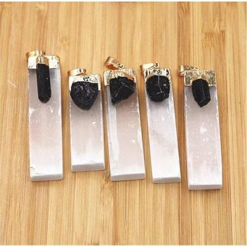 Wholesale natural high quality white energy selenite sticks with black tourmaline crystals raw pendant for christmas gift