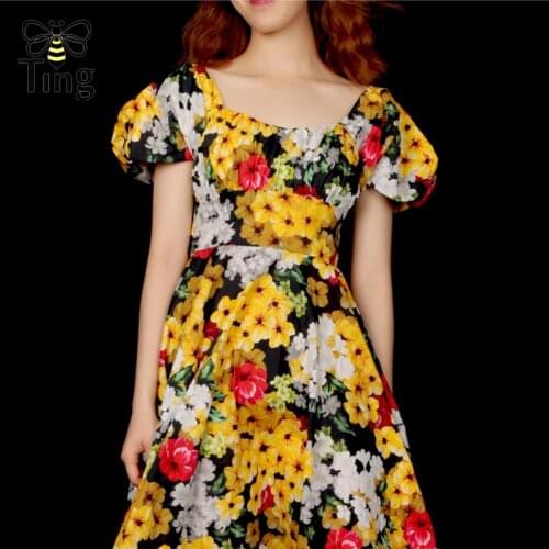Tingfly Designer Flower Sunflower Print A Line Dress Vintage Elegant Summer Casual Street Chic Dress Midi Vestidos Frocks Women