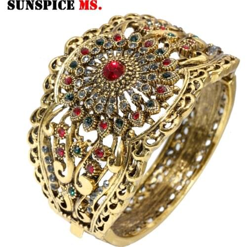 SUNSPICE-MS Antique Bronze Indian Women Bangle Rhinestone Flower Cuff Bracelet Ethnic Traditional Wedding Jewelry Retro Vintage