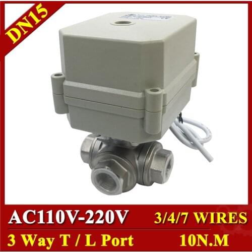 Tsai Fan 3 Way Electric Ball Valve BSP/NPT 1/2" DN15 T Port L Port AC110V 220V 3/4/7 Wires Actuated Ball Valve 1Mpa On/off 15Sec