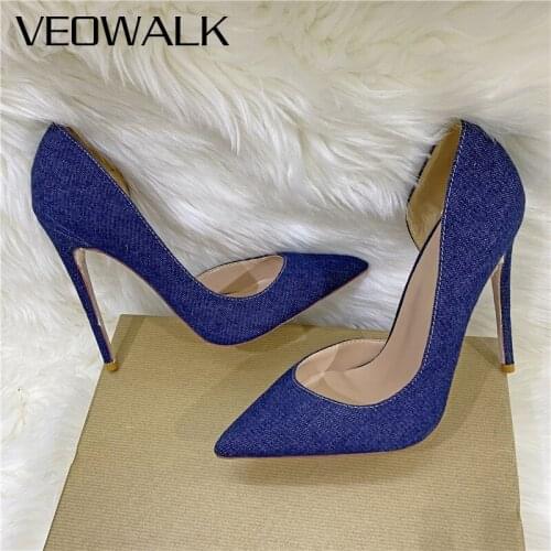 Veowalk Women Denim Fabric Pointy Toe D'Orsay Stiletto Pumps Elegant Ladies High Heel Formal Dress Shoes Solid Blue Orange