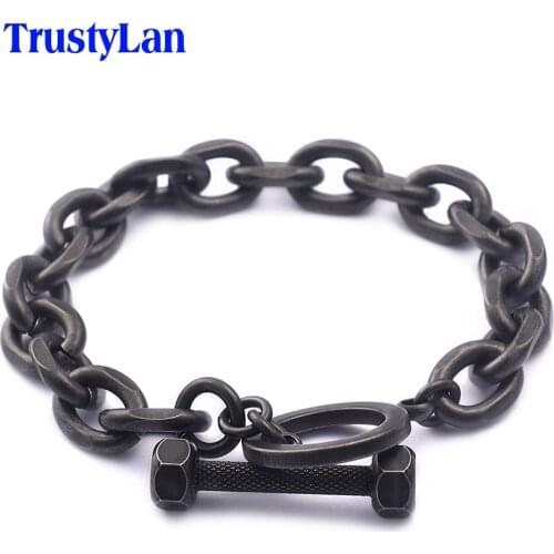 TrustyLan Vintage Black Stainless Steel Mens Chain Bracelets For Men 7.5" Barbell Shape Friendship Mens Bracelets & Bangles