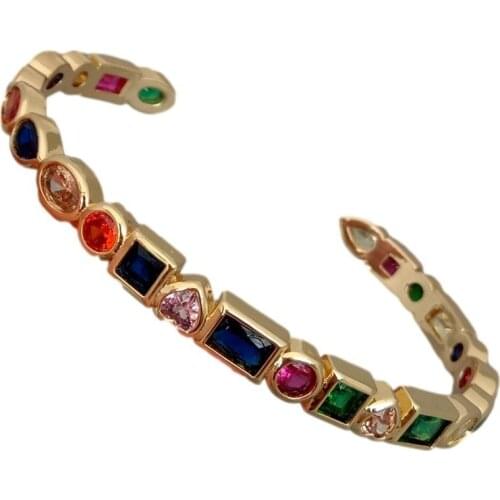 Y·YING Rainbow Rectangle Cubic Zirconia Yellow Gold Color plated Fashion Women Gift Cuff Bangle Bracelet