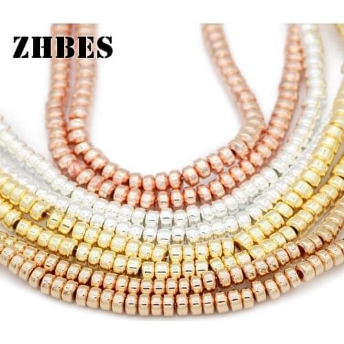 ZHBES Gold Silver Natural Stone Flat Round Hematite Spacers Cylinder Loose Beads For DIY Jewelry Making Bracelets Accessories