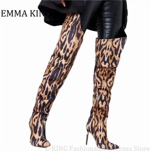 2021 Spring Women Leopard Print Over the Knee Boots Sexy Stiletto Heel Thigh-High Boots Side Zip Pointy Toe Woman Botas De Mujer
