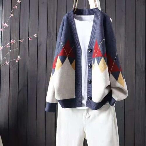 2021 new autumn and winter color matching loose button long-sleeved v-neck knitted cardigan women casual sweater top