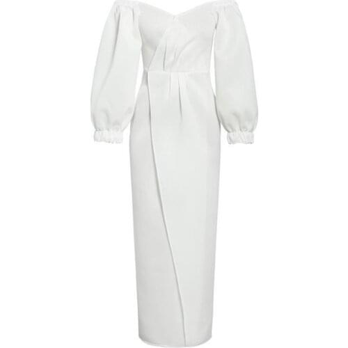 Women White Dress Sexy Lantern Sleeve V-neck Slit Long Dress Elegant Off Shoulder Dress Female Vintage Chic Vestido Summer New