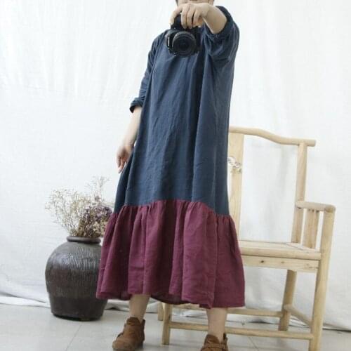 Johnature Cotton Linen Retro Patchwork O-neck Long Sleeve Dress 2021 Autumn New Loose Comfortable Women Fashion Dress