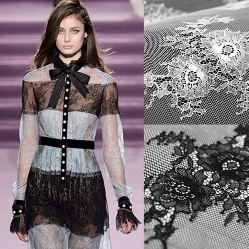 120*150CM 240G/M Black White Eyelash Embroidery Polyester Viscose Fabric for Wedding Dress Clothes E401