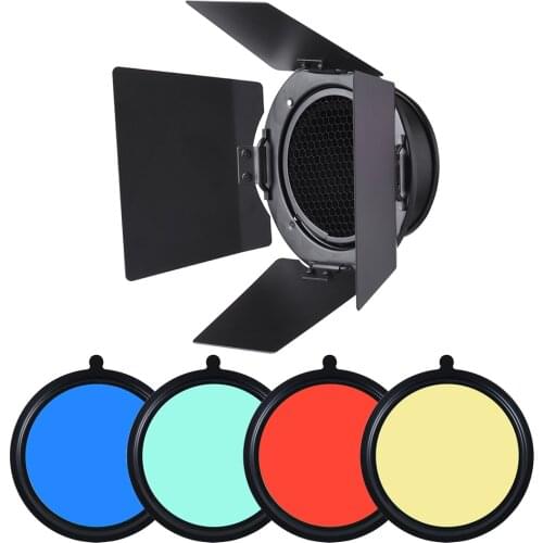 96mm Universal Mount Metal Bardoor Barn Door Barndoor with Honeycomb Grid 4pcs Color Gel Filters for Neewer Godox Strobe Flash