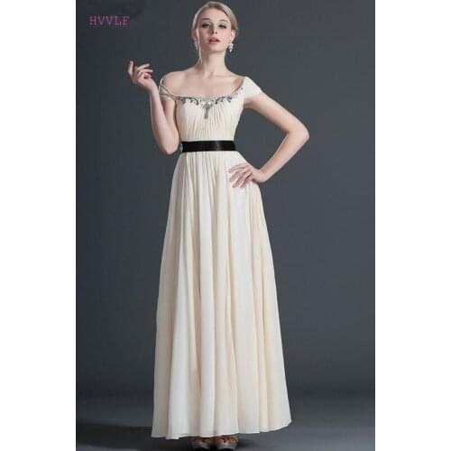 Beige Evening Dresses A-line Cap Sleeves Chiffon Beaded Bow Plus Size Long Evening Gown Prom Dresses Robe De Soiree