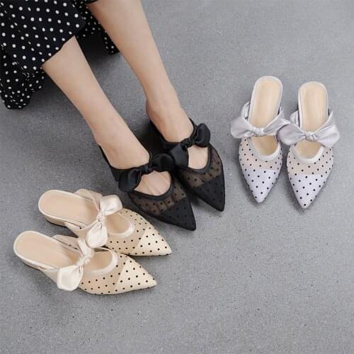 2020 Mesh polka dot pointed toe sandals breathable summer woman shoes thick heels elegant ladies sandalias mujer femme footwear