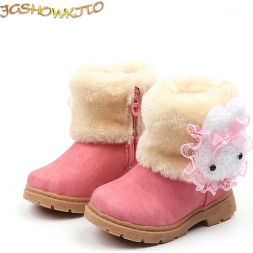 Girls Boots Kids Winter Snow Boots Warm Thick Cotton Plush Cute Cartoon Rabbit With Lace Bow-knot Childrens Rubber Boots 21-30