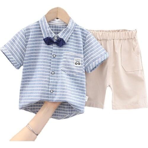 Summer Children Turn-down Collar Clothes Toddler Striped Shirt Shorts 2Pcs/sets Kids Casual Baby Boys Girls Cotton Sport Suits