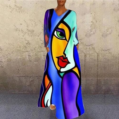 Graphic Print Long Dress Women Casual Loose Maxi Party Dresses For Women Long Sleeve O Neck Harajuku Ladies Dress Vestido