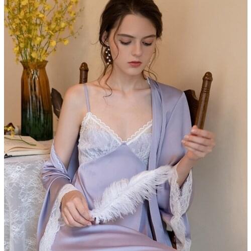 Women Spring Summer 2PCS Robe Set Loose Satin Kimono Gown Long Sleeve Solid Sleepwear Bride Dress Sweet Fresh Vintage Loungewear