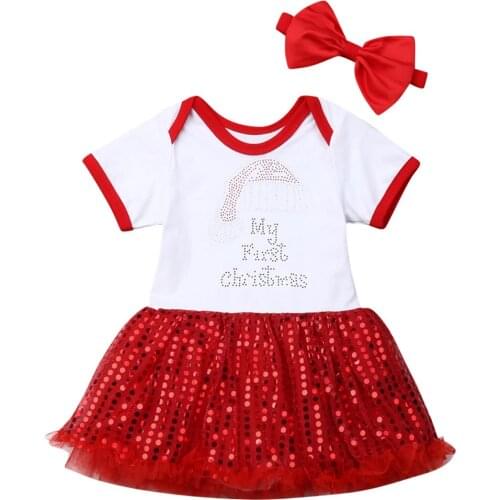 2PCS Summer Baby Girls Letter Print Christmas Outfit Party Short Sleeve Romper Bodysuit Sequin Cake Smash Tutu Dress Headband
