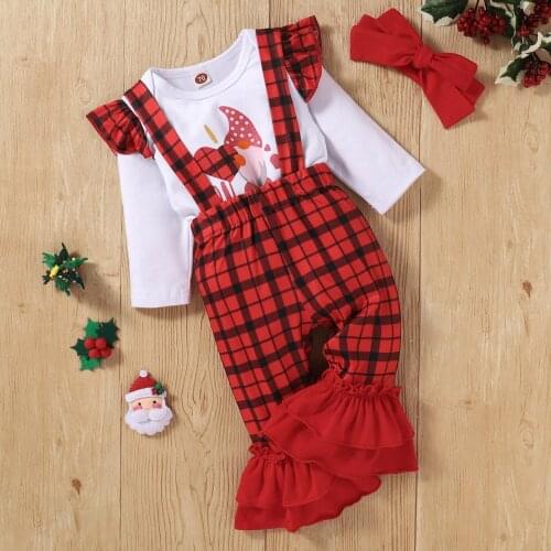 3 Pieces Baby Suit Set, Letter Print O-Neck Long Sleeve Romper+ Plaid Suspender Trousers+ Headband for Girls, 0-18 Months