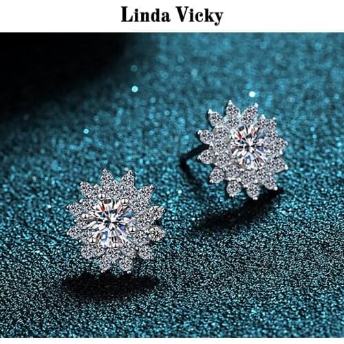 LINDA VICKY Stud Earrings 100%Real Moissanite Women High quality Jewelry Valentines Gift VVS Diamond Rhodium Plated 925 Silver
