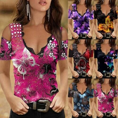 Tank Top Women 2021 Summer Casual Tee Tops Short Sleeve Printed Sexy V Neck Blouse Plus Size Fashion Slim Ladies Shirts Tops