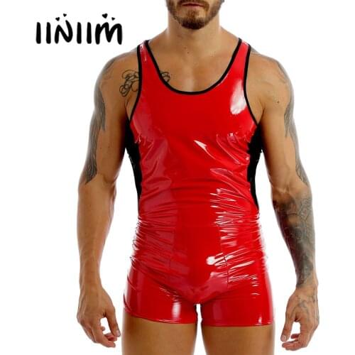 Mens Wetlook Leather Color Block Sleeveless Backless Skin-Tight Jockstraps Short Exotic Bodysuit Bodycon Party Clubwear Costumes