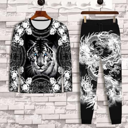 High quality mens long-sleeved tiger T-shirt pants 2-piece suit casual loose fashion mens trend 3D printing mens suit