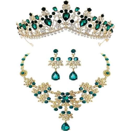 Baroque Retro Gold Red Green Blue Crystal Bridal Jewelry Sets Necklace Earrings Tiaras Crown Wedding African Beads Jewelry Set