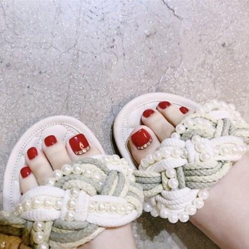 New beautiful bright red pure color with diamond decoration 3d false nails for toe cute summer toe nails lady full nail tips