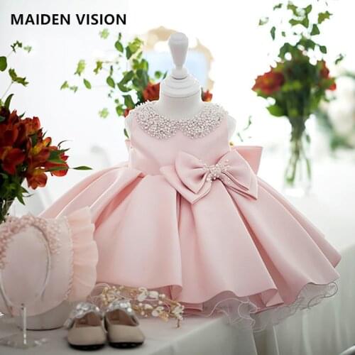Baby Girls Clothes Christening gown Teens Satin Beaded Wedding Big bow Tutu Princess Dress For Girl Birthday Party Girl Dress