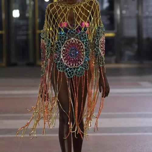 Luxury high quality long tassel body chain crystal evening dress catwalk dress woman fashion sexy body jewelry customization