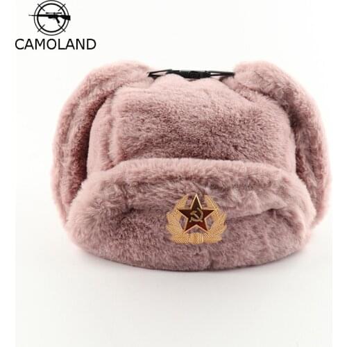 CAMOLAND Women Soviet Badge Russian Ushanka Pilot Bomber Hat Mens Faux Fur Army Military Winter Trapper Earflap Snow Caps