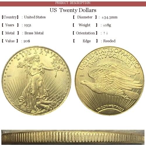 United States America 1931 1931 D Liberty Twenty 20 Dollars Saint Gaudens Double Eagle With Motto In God We Trust Gold Copy Coin