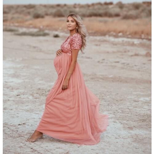 Formal Women Pregnants Maternity Photography Props Short Sleeve Sequined Solid Dress Lace Elegant Fashion maternity dresses