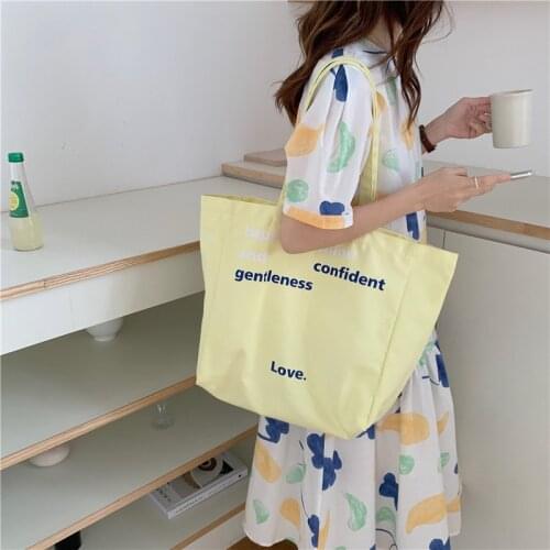 Yeqofcd Women‘s Letter Printing Tote Large Capacity Female Casual Handbag Cotton Shoulder Bag Canvas Bags Yellow