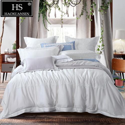 High-end Tencel Lyocell Lace White 4 Piece Bedding Sets 100% Tencel Silk Super Soft Breathable Bed Linens Queen King Size Sheets