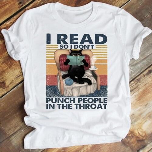 I Read So I Don't Punch People In The Throat Funny Vintage Reading Black Cat Shirt