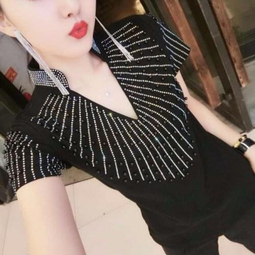 Womens Deep V Neck Zipper T Shirt 2020 Sumeer Diamond tshirt Short Sleeve Plus Size 3XL T-shirt