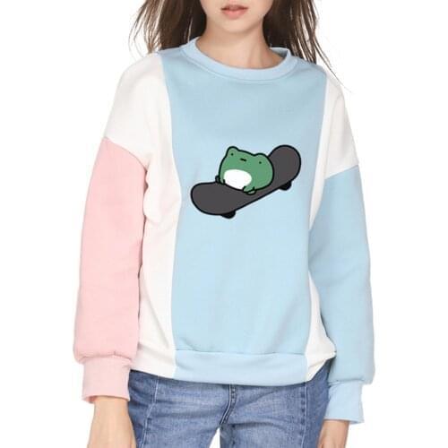 Womens Fashion New Stitching Cute Plus Velvet Long Sleeve O-Neck Sweatshirt Top 2021 Ladies Winter Frog Print Top F Fast Ship