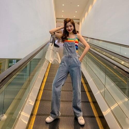 2021 New Spring Korean Version Loose High Waist Wide Leg Jeans Pants Pockets Streetwear Jumpsuit Women Pant Clothes