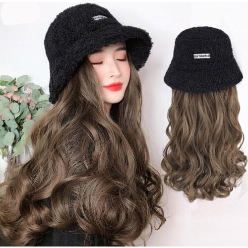 Wig Female Long Hair Wig Hat Fashion Female Net Red Lamb Hat Long Curly Hair Big Wave Natural Full Headgear JJJ001