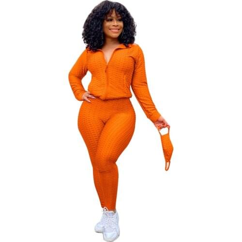 Two Piece Set Women 2021 Autumn and Winter Fashion Fish Scale Bubble Jacquard Leisure Sports 2 Pieces Set