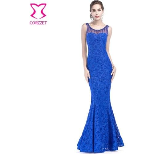Royal Blue Floral Lace & Transparent Mesh Beading O Neck Sleeveless Slim Mermaid Long Dress Party Sexy Clubwear Women Dresses